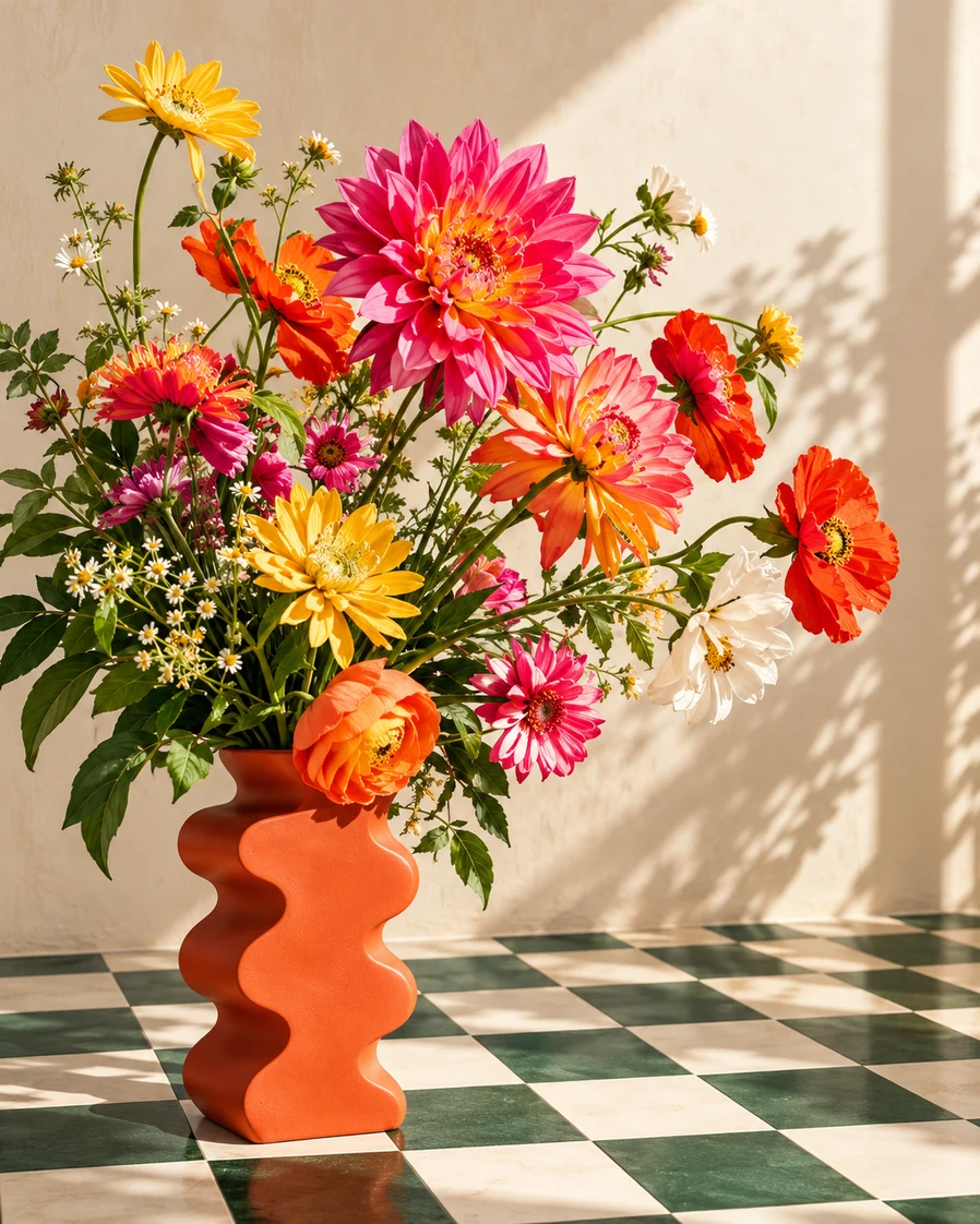 Flores de distintos colores en un jarrón naranja sobre suelo de baldosas verdes y claras