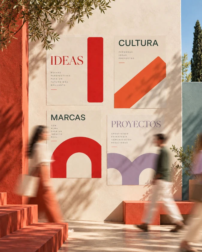 Composición editorial de carteles sobre ideas, cultura, marcas y proyectos en una fachada soleada